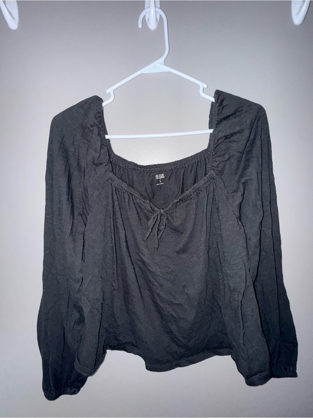 a.n.a Black Long Sleeve Peasant Top with Tie Neck